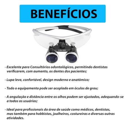 Oculos Lupa Cabeca com Lente Aumento 3,5x e Lampada Led 3 W Cirúrgico Dentista