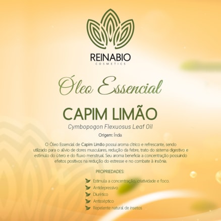 Óleo Essencial Capim Limão Reinabio 10ml