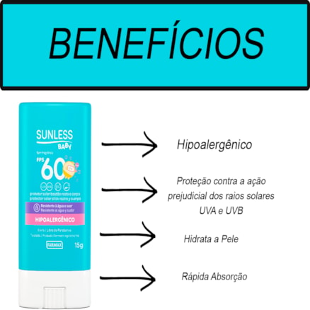 Protetor Solar Sunless Baby Bastão Fps60 Hipoalergênico Sem Frangancia 15G