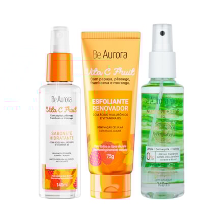 Sabonete Hidratante Vitamina B5 + Esfoliante Renovador + Água Micelar BeAurora Pura Babosa Ativa