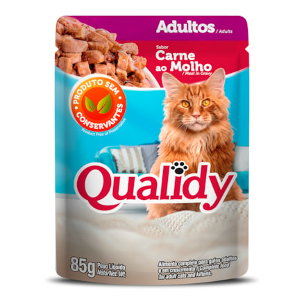 Sachê Qualidy Gatos Molho Pedaços Carne Gatos Adultos 85g