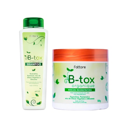 Shampoo B-tox Organique Fattore Queratina e Pantenol 500ml + Máscara Capilar Reconstrutora B-Tox Organique Fattore Manutenção dos Lisos 500g