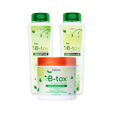 Shampoo Queratina e Pantenol 500ml + Condicionador Queratina e Pantenol 500ml + Máscara Capilar Reconstrutora B-Tox Organique Fattore Manutenção dos Lisos 500g