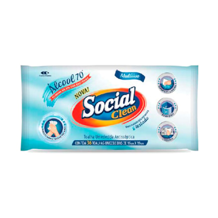 Toalha Umedecida Antisséptica Social Clean Com 36 Und