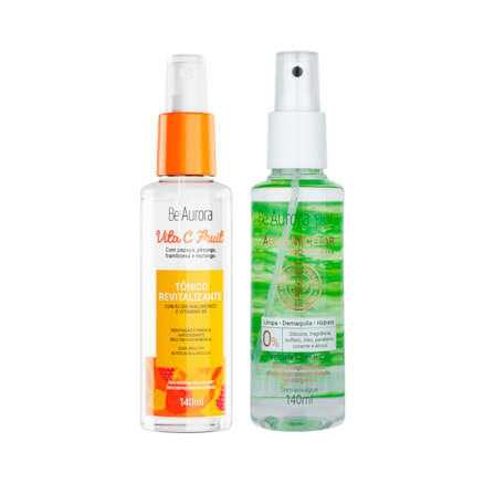 Tônico Revitalizante Be Aurora Vita C Fruit com Ácido Hialurônico + Vitamina B5 140ml + Água Micelar BeAurora Pura Fattore Spray Babosa Ativa Vegano 140ml